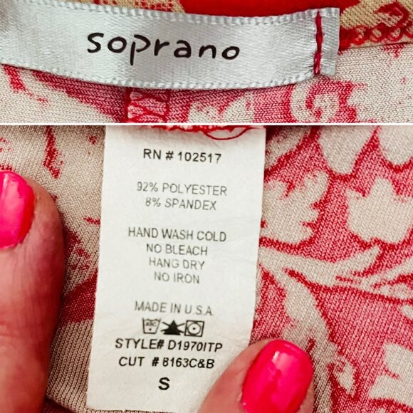 Soprano Red and Beige Floral Wrap Dress Womens Sz S - Picture 10 of 14